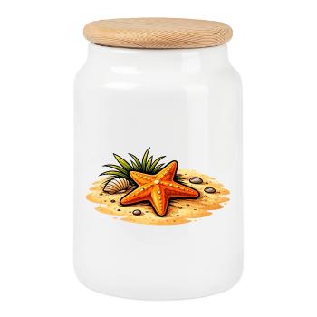 Starfish Beach Illustration Nautical Motif - Cookie Jar with Wooden Lid - white - Front