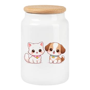 Dog Cat Comic - Cookie Jar with Wooden Lid - white - Front