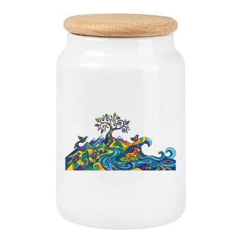 Imaginative play of colours nature panorama motif - Cookie Jar with Wooden Lid - white - Front