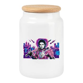 Chevalier néon avec bouclier de cœur - Boîte à biscuits avec couvercle en bois - blanc - Devant