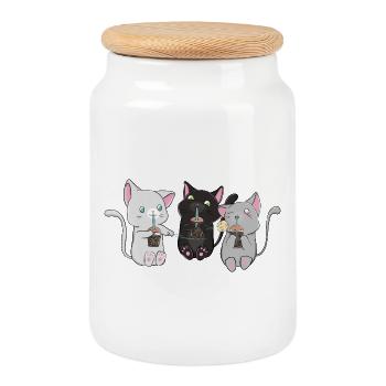 Kawaii Drei Katzen Bubble Tea Shirt - Keksdose mit Holzdeckel - Weiß - Vorne