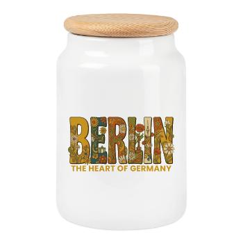 Berlin Heart of Germany Floral Typography - Cookie Jar with Wooden Lid - white - Front