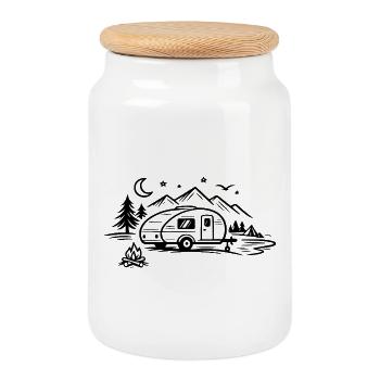 Camping Trailer Landscape - Cookie Jar with Wooden Lid - white - Front