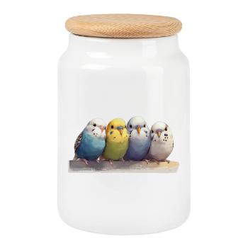 Budgies - Cookie Jar with Wooden Lid - white - Front