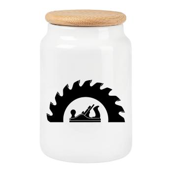 Carpenter Saw Blade Planer Logo - Cookie Jar with Wooden Lid - white - Front