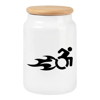 Wheelchair user with flames # - Cookie Jar with Wooden Lid - white - Front