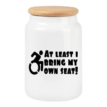 At least I bring my own wheelchair # - Cookie Jar with Wooden Lid - white - Front