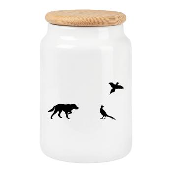 Fronting Dog & Pheasants Silhouette - Cookie Jar with Wooden Lid - white - Front