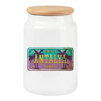 Antalya Turkey Beach Vintage Sign - Cookie Jar with Wooden Lid - white - Front