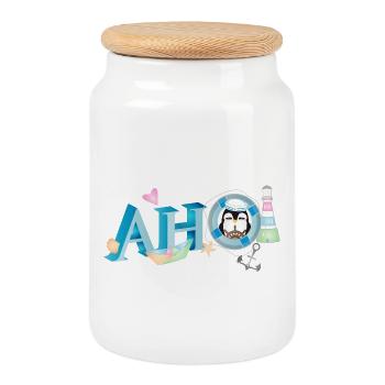 Sailor's greeting lettering Ahoi with penguin sailor - Cookie Jar with Wooden Lid - white - Front