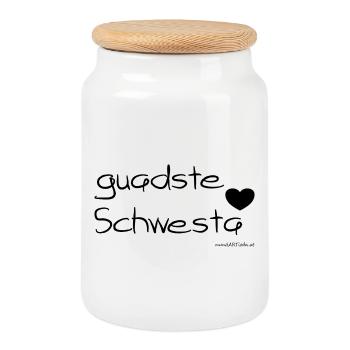 guadste Schwesta - beste Schwester, Dialekt - Keksdose mit Holzdeckel - Weiß - Vorne