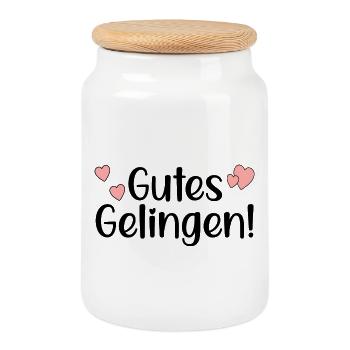 GUTES GELINGEN SPRÜCHE - ERFOLG - Keksdose mit Holzdeckel - Weiß - Vorne