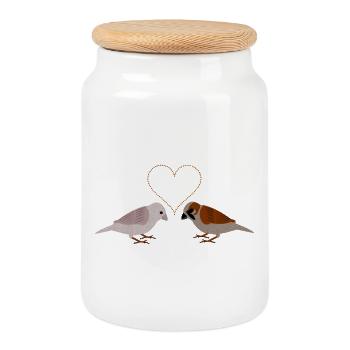 Winter Sparrows and Seeds heart - Cookie Jar with Wooden Lid - white - Front