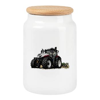 Traktor Steyr 6145 bei der Arbeit - Keksdose mit Holzdeckel - Weiß - Vorne