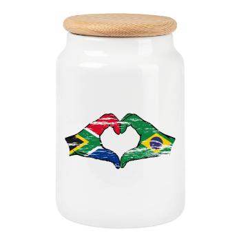 Afrique du Sud Brésil Drapeau Mains Coeur Forme D’occasion - Boîte à biscuits avec couvercle en bois - blanc - Devant
