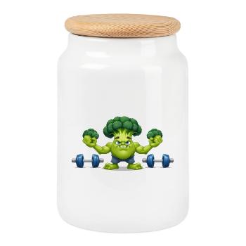 Broccoli Weightlifters - Cookie Jar with Wooden Lid - white - Front