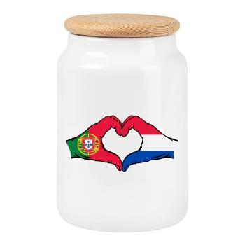 Portugal Holland Flag Hands Heart Shape - Cookie Jar with Wooden Lid - white - Front