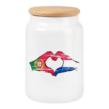 Portugal Holland Flag Hands Heart Shape Used - Cookie Jar with Wooden Lid - white - Front