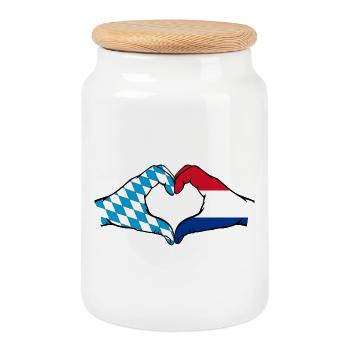 Bavaria Holland Flag Hands Heart Shape - Cookie Jar with Wooden Lid - white - Front