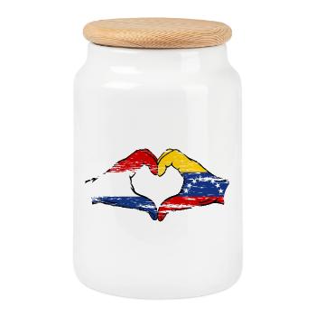 Holland Venezuela Flag Hands Heart Shape used - Cookie Jar with Wooden Lid - white - Front