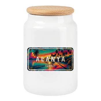 Alanya Turkey vintage sunset sign - Cookie Jar with Wooden Lid - white - Front