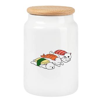 Meow Sushi - Cookie Jar with Wooden Lid - white - Front