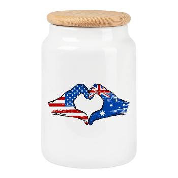 USA Australia Flag Hand Shape Heart Shape Used - Cookie Jar with Wooden Lid - white - Front