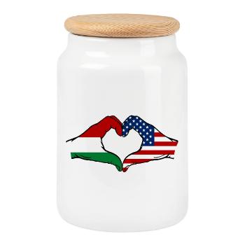 Hungary USA Flag Hand Heart Shape - Cookie Jar with Wooden Lid - white - Front