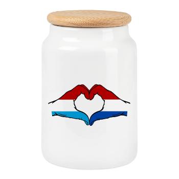 Luxembourg Holland Flag Hand Heart Shape - Cookie Jar with Wooden Lid - white - Front