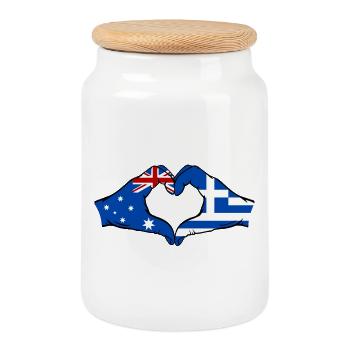 Australia Greece Flag Hands Heart Shape - Cookie Jar with Wooden Lid - white - Front