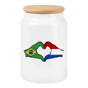 Brazil Holland Flag Hand Heart Shape - Cookie Jar with Wooden Lid - white - Front
