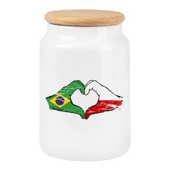 Brazil Poland Flag Hand Shape Heart Shape Used - Cookie Jar with Wooden Lid - white - Front