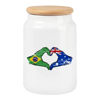 Brazil Australia Hands Heart Shape Used - Cookie Jar with Wooden Lid - white - Front