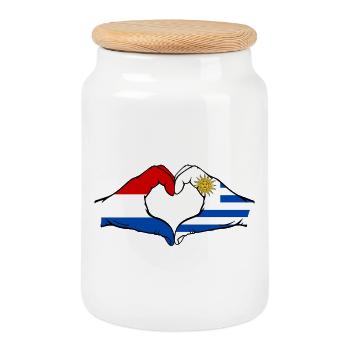 Hollande Uruguay Drapeau Mains Coeur Forme - Boîte à biscuits avec couvercle en bois - blanc - Devant