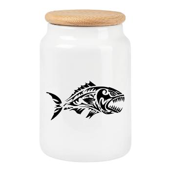 Poisson Tribal Piranha - Boîte à biscuits avec couvercle en bois - blanc - Devant