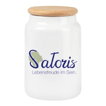Satoris-Logo, die Marke für bewusste Menschen - Keksdose mit Holzdeckel - Weiß - Vorne