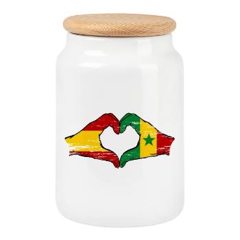 Spain Senegal Flag Hands Heart Shape Used - Cookie Jar with Wooden Lid - white - Front