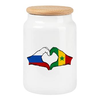 Russia Senegal Flag Hands Heart Shape - Cookie Jar with Wooden Lid - white - Front