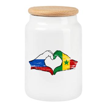 Russia Senegal Flag Hands Heart Shape Used - Cookie Jar with Wooden Lid - white - Front