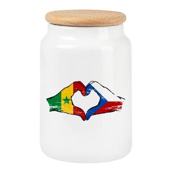 Sénégal République tchèque Drapeau Mains Coeur Forme - Boîte à biscuits avec couvercle en bois - blanc - Devant