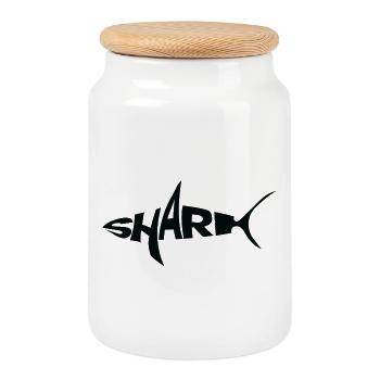 Mot-symbole requin noir Typographie avec nageoire - Boîte à biscuits avec couvercle en bois - blanc - Devant