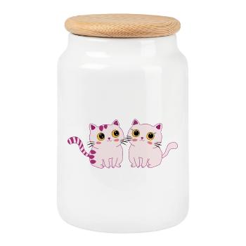 cats cute - Cookie Jar with Wooden Lid - white - Front