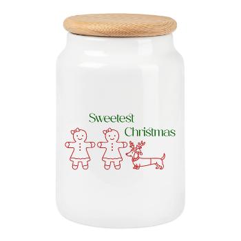 Noël – Filles en pain d’épices et teckels (texte vert - Boîte à biscuits avec couvercle en bois - blanc - Devant
