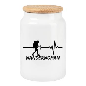 Wanderwoman, Hiking is my life, heartbeat - Cookie Jar with Wooden Lid - white - Front