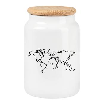 World Map Line Art - Cookie Jar with Wooden Lid - white - Front