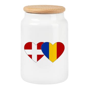 Denmark Romania Flag Heart - Cookie Jar with Wooden Lid - white - Front