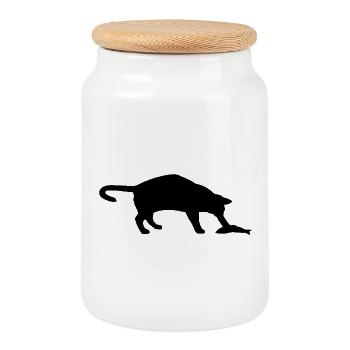 Cat and fish - Cookie Jar with Wooden Lid - white - Front