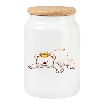 Ours endormi avec couronne – Motif d’animal mignon - Boîte à biscuits avec couvercle en bois - blanc - Devant