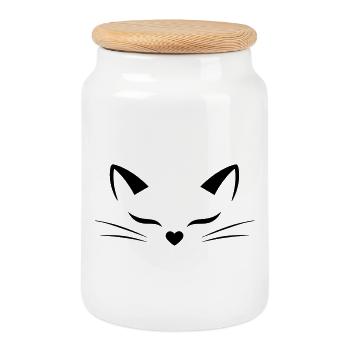 Visage de chat mignon avec nez en forme de cœur | Style d’art lineal - Boîte à biscuits avec couvercle en bois - blanc - Devant