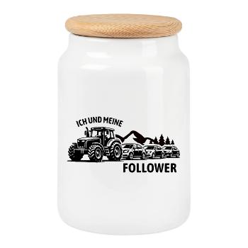 Me and my followers - tractor - traffic jam - Cookie Jar with Wooden Lid - white - Front